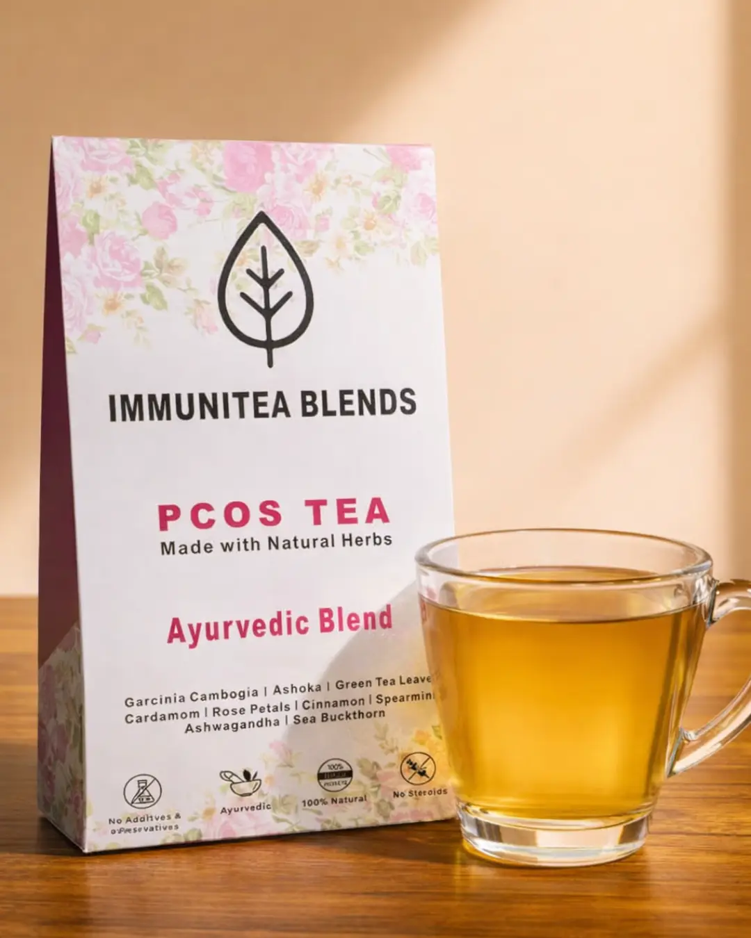 Immunitea Blends PCOS Herbal Tea with brewed cup